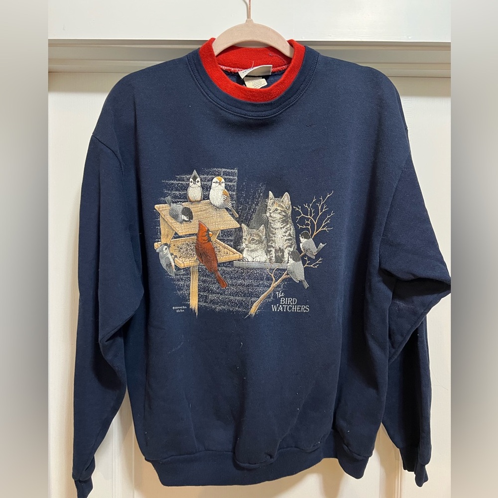 Vintage Morning Sun 🦩 The Bird Watchers Navy Sweatshirt with Cats & Birds